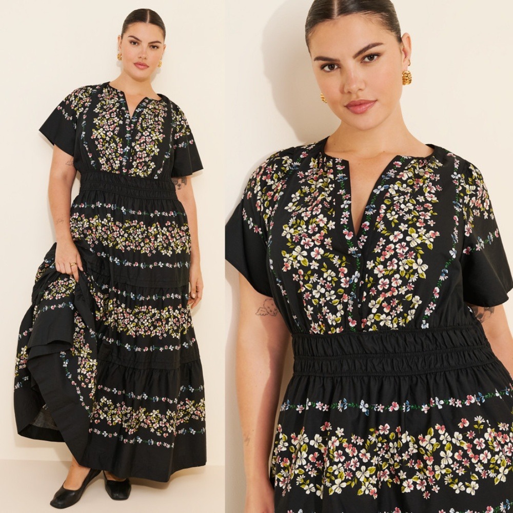 Anthropologie Somerset Maxi Dress Black Floral 3X Tiered Smocked